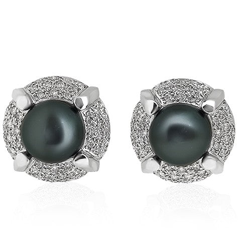 18kt white gold South Sea pearl earrings with diamond accents and French clip closures