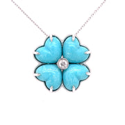 Turquoise heart cabochon clover pendant with diamond center set in 18K white gold