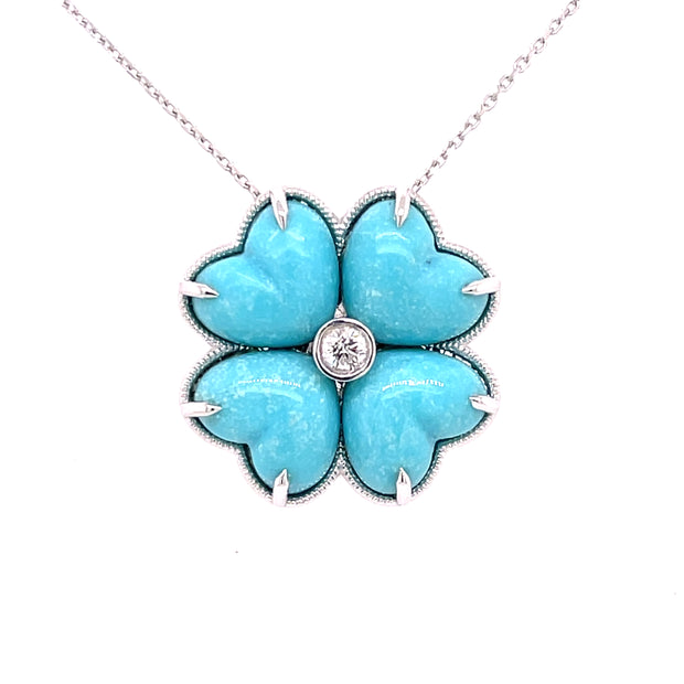 Turquoise heart cabochon clover pendant with diamond center set in 18K white gold