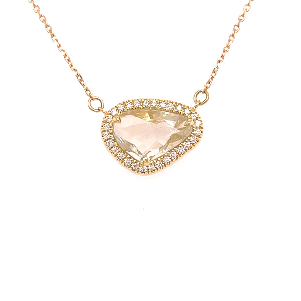 Yellow-hued sapphire slice and diamond necklace set in 18K yellow gold – unique gemstone jewelry piece