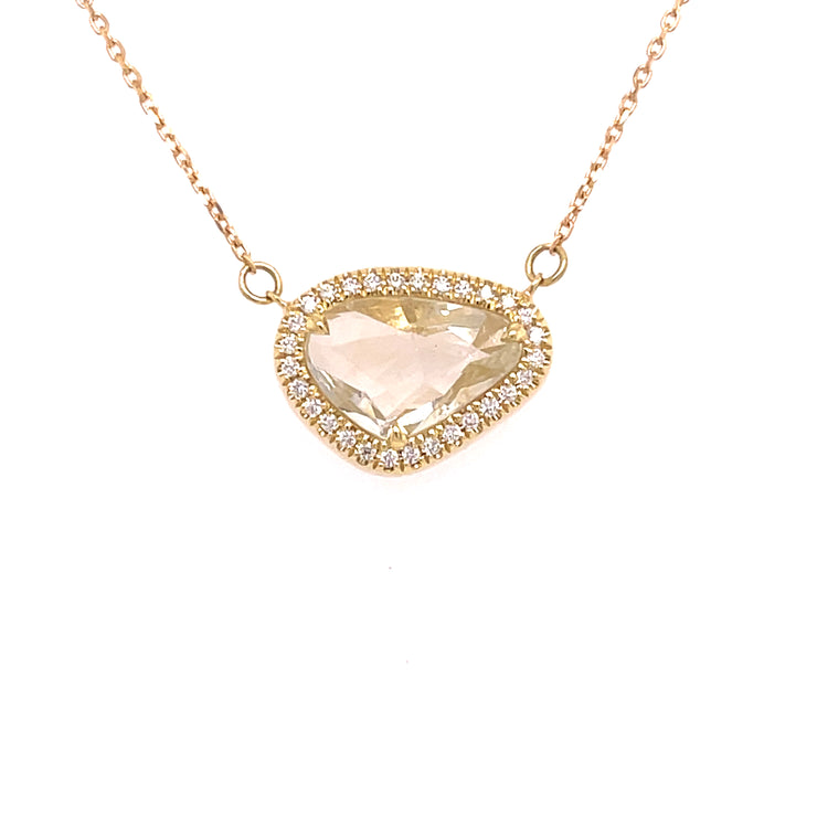 Yellow-hued sapphire slice and diamond necklace set in 18K yellow gold – unique gemstone jewelry piece